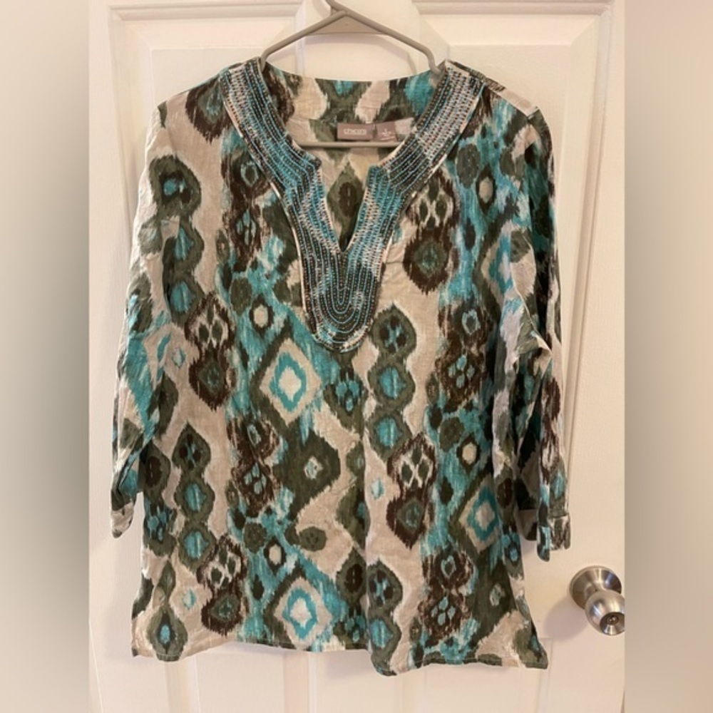 Chicos Size 2 Beautiful Blue Green and Cream Beaded Neckline Blouse